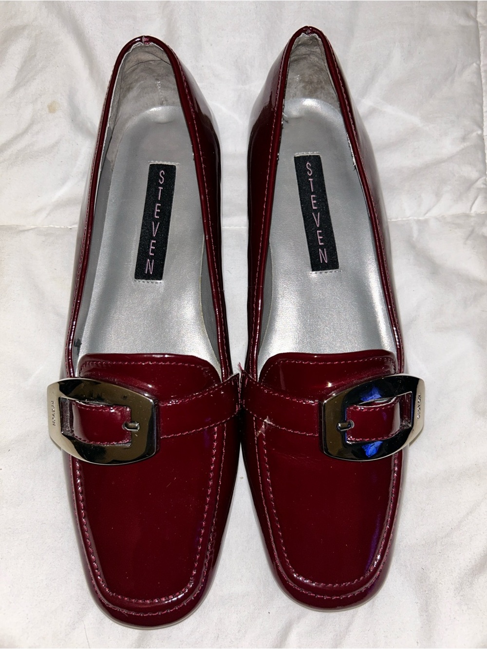Steven By Steve Madden Wine Red Patent Loafers with Gold Buckle